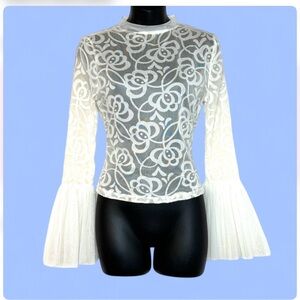 Haute Monde Women's Sheer Top M White Floral Lace Tulle Fairy Romantic Angelcore